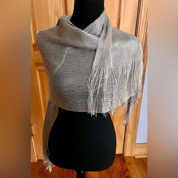 Metallic Silver Scarf Glam Holiday Going Out Gift Fringe Classy Dazzling Chic - Picture 5 of 17